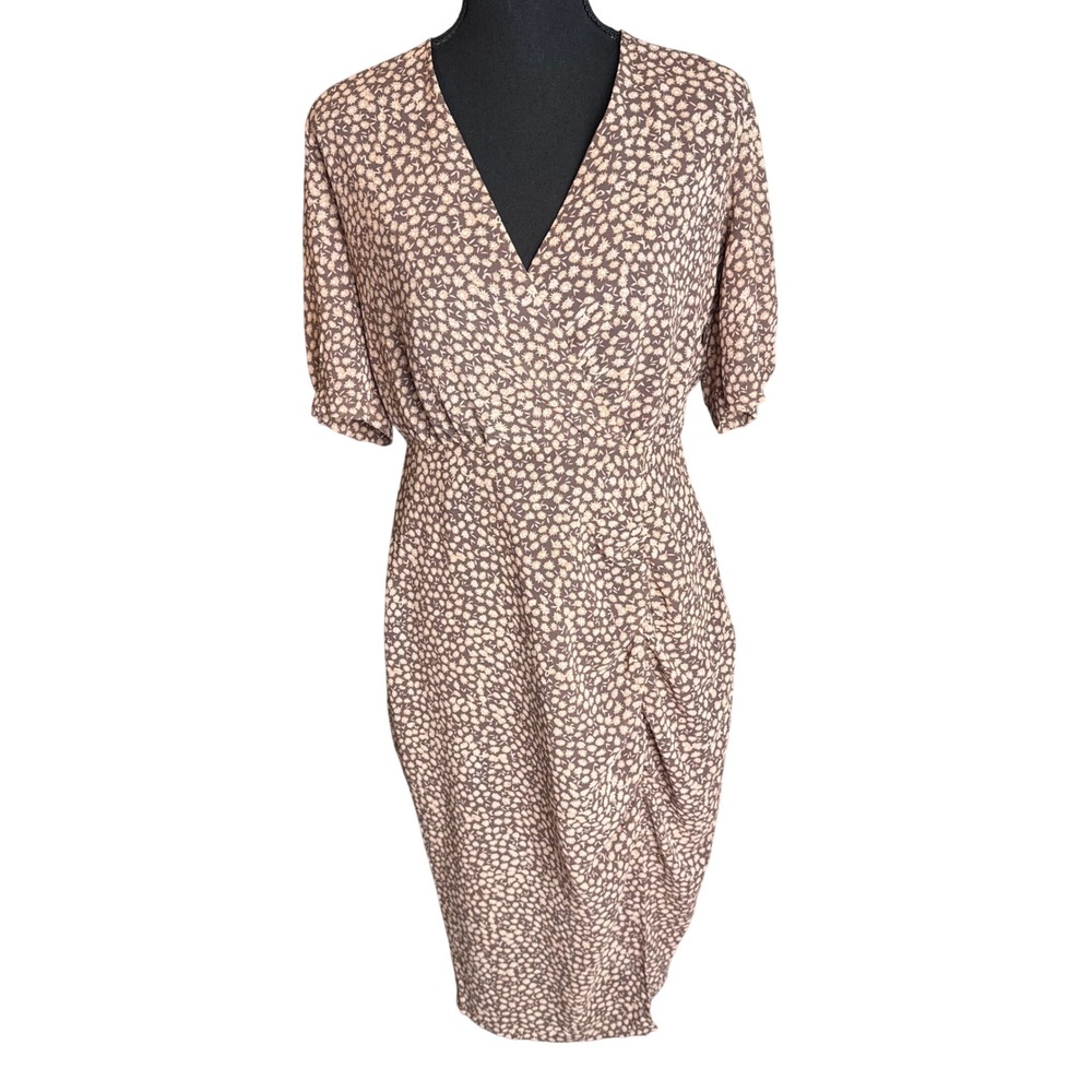 BB Dakota Steve Madden Brown Floral Ditsy Wrap Midi Dress Short Sleeve Size 8